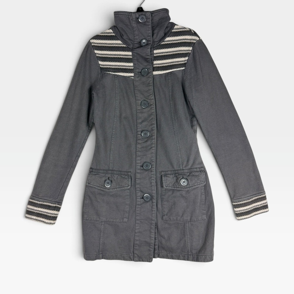 prAna Jacket Long Button Front Women XS Gray Striped Trim Fleece Lined